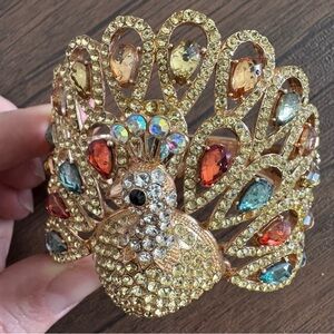 Gold Peacock Bracelet with Multicolor Rhinestones